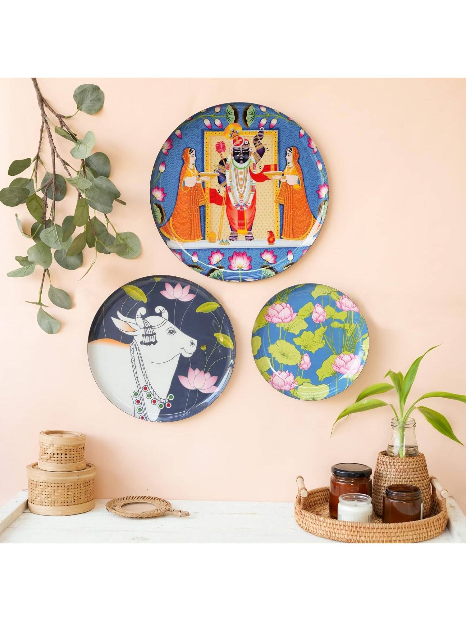 Ritualistic Pichwai Wall Plate for home decor metal wall art & showpiece set of 3