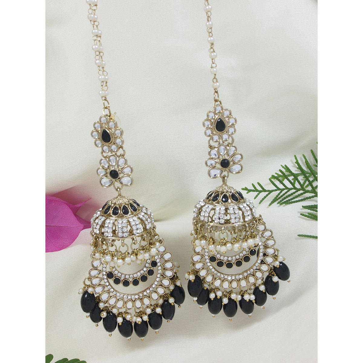 I Jewels Traditional Kundan and Pearl Dangle Jhumka Earrings with Attachable Ear Chain Black
