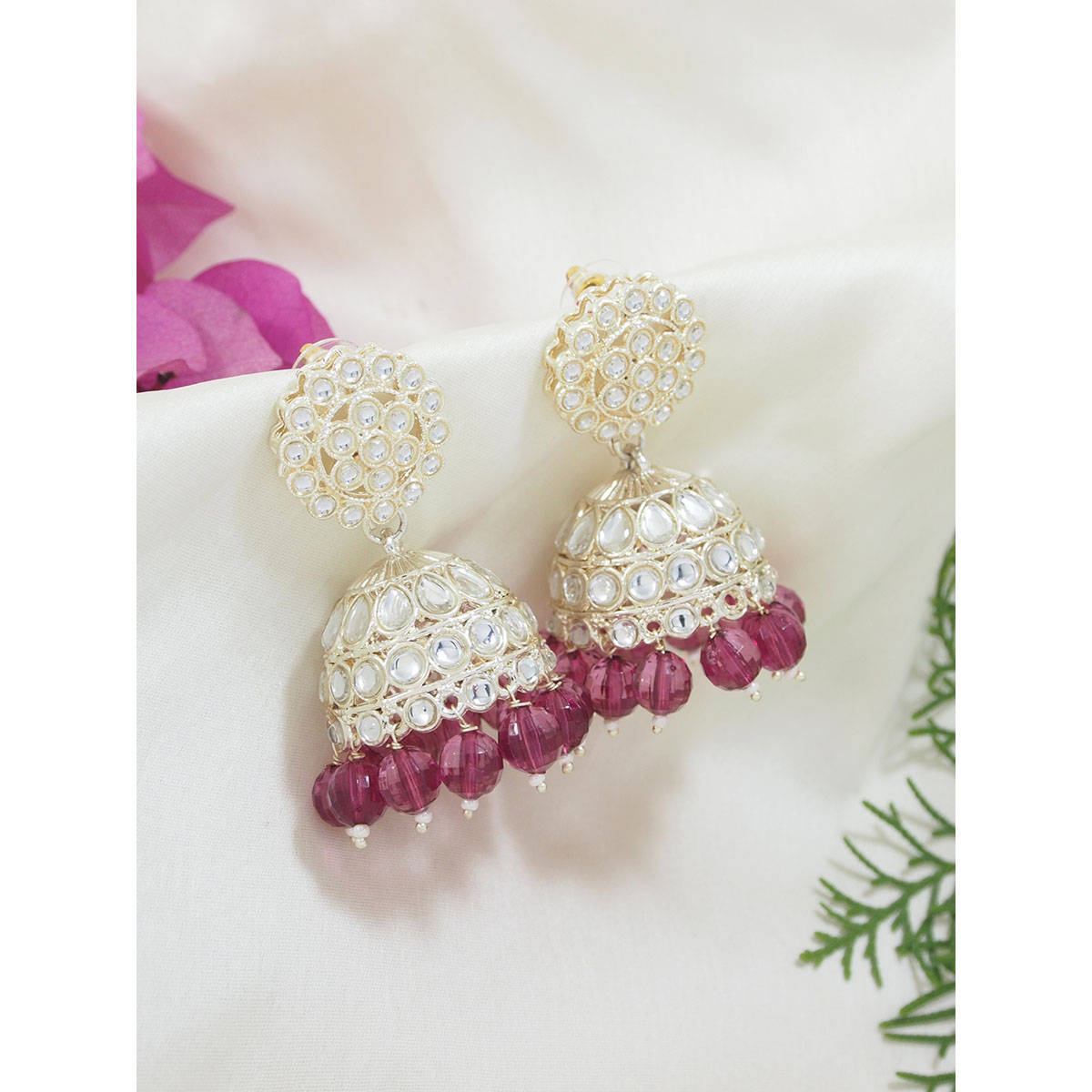 I Jewels Traditional Kundan and Pearl Jhumka Earrings Wine