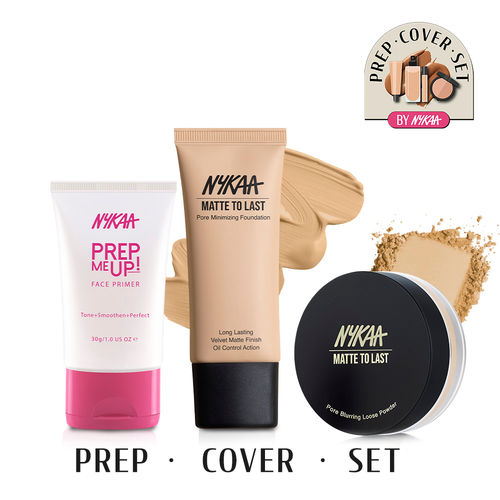 Nykaa Prep Cover Set For Oily Skin Pore Minimizing Matte Primer,  Foundation Loose Powder