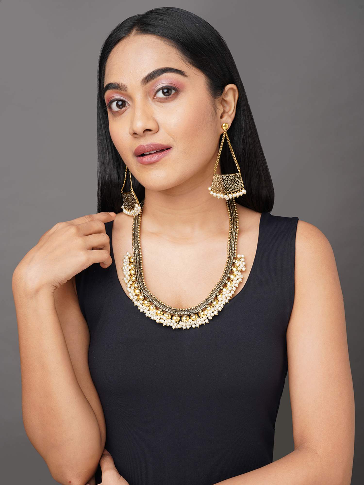 BINNI Nyra Layered Gold-Toned Necklace Set with White Beads