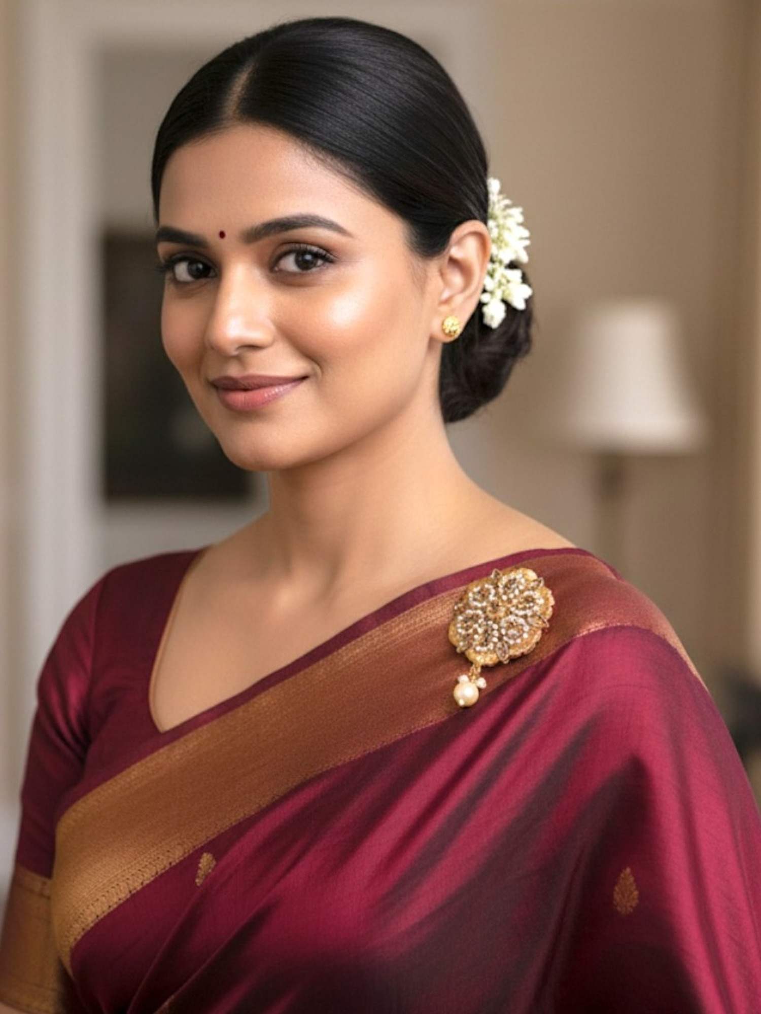 Accessher Gold-Plated Kundan Pearl Drop Saree Brooch Pin