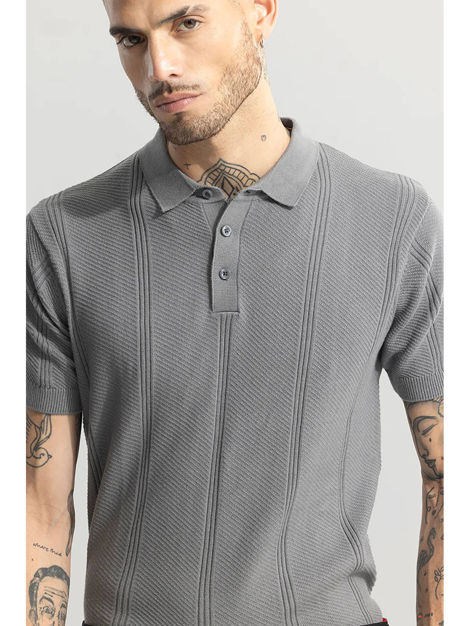 Buy Snitch Coulter Knitted Grey Polo T-Shirt Online