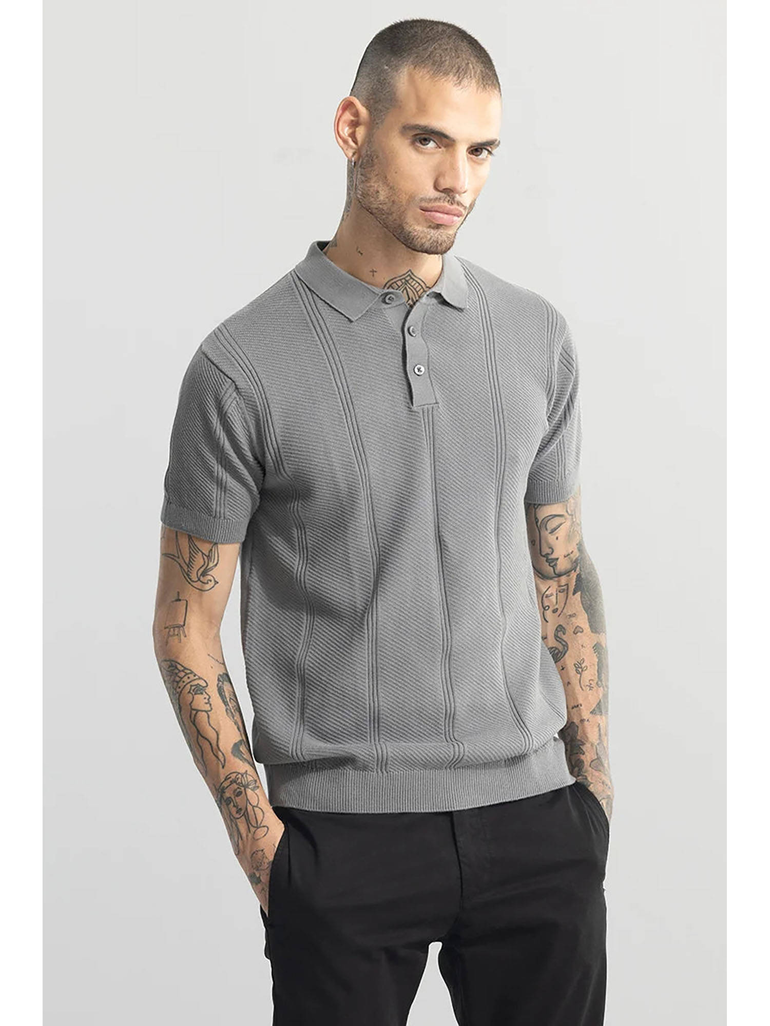 Buy Snitch Coulter Knitted Grey Polo T-Shirt Online
