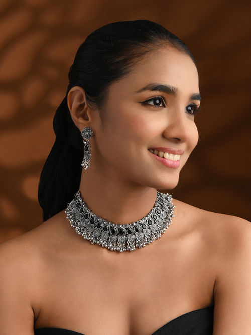 Buy I Jewels Black Stones Silver Oxidised Ghungroo Choker Necklace