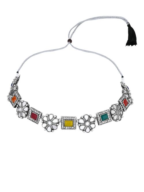 Indian Wedding Bollywood Necklace Set - Silver Plated Floral Square Necklace & Earrings - No Gemstone