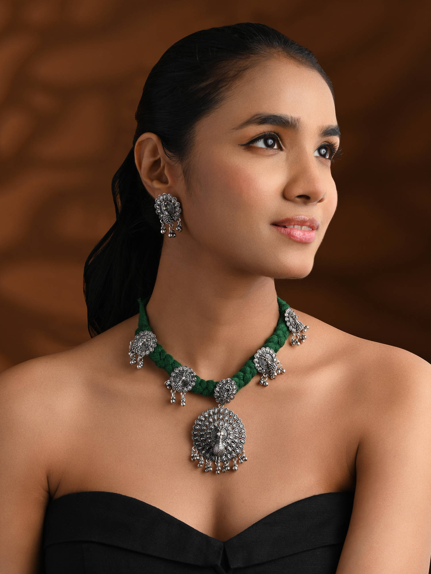 I Jewels Silver Plated Peacock Design Oxidised Jewellery Set for Women