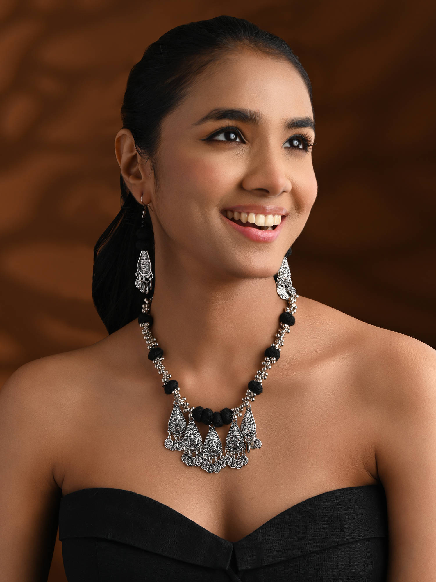 I Jewels Silver Plated Oxidised Jewellery Set for Women