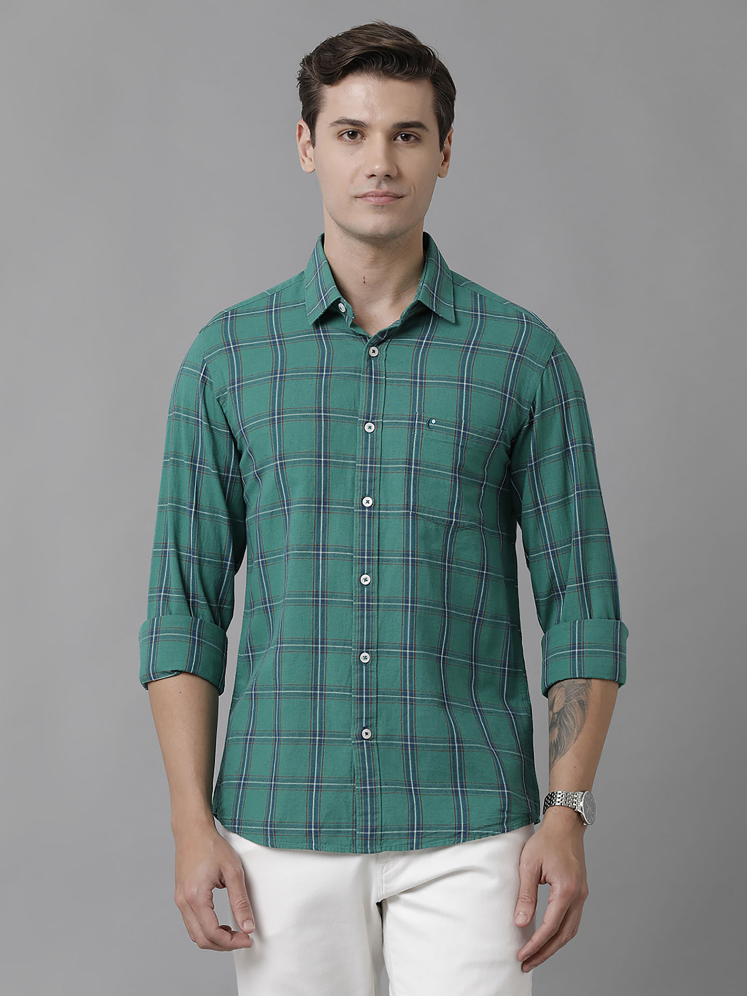 Buy CAVALLO By Linen Club Men's Cotton Linen Green Checks Slim Fit