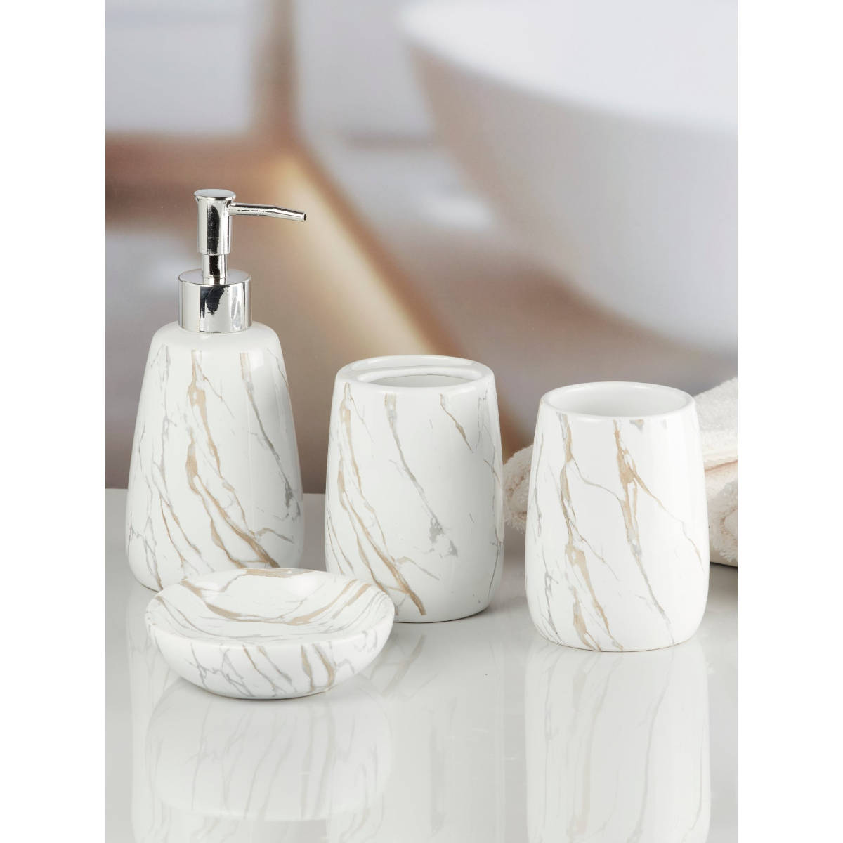 Kookee White Ceramic Bathroom Soap Dispenser & Dish with Toothbrush Holder & Tumbler