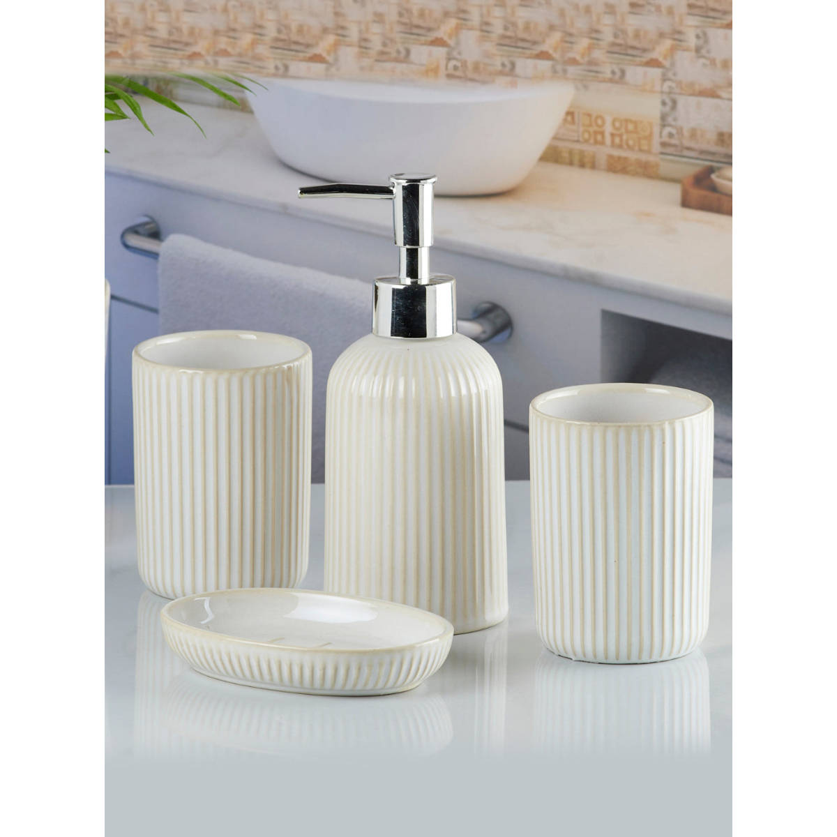 Kookee Beige Ceramic Bathroom Soap Dispenser & Dish with Toothbrush Holder & Tumbler