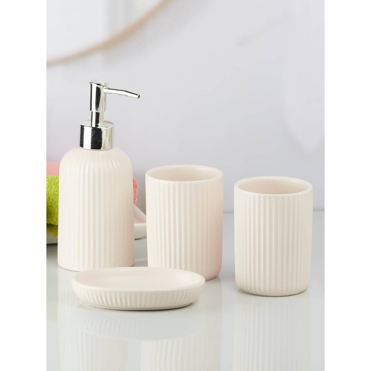 Kookee Pink Ceramic Bathroom Soap Dispenser & Dish with Toothbrush Holder & Tumbler
