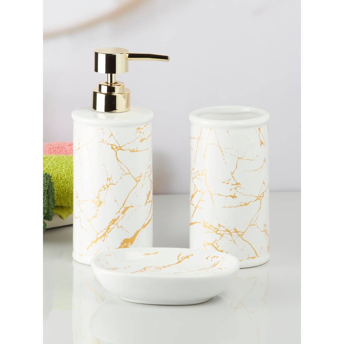 Kookee White Ceramic Bathroom Soap Dispenser & Dish with Toothbrush Holder