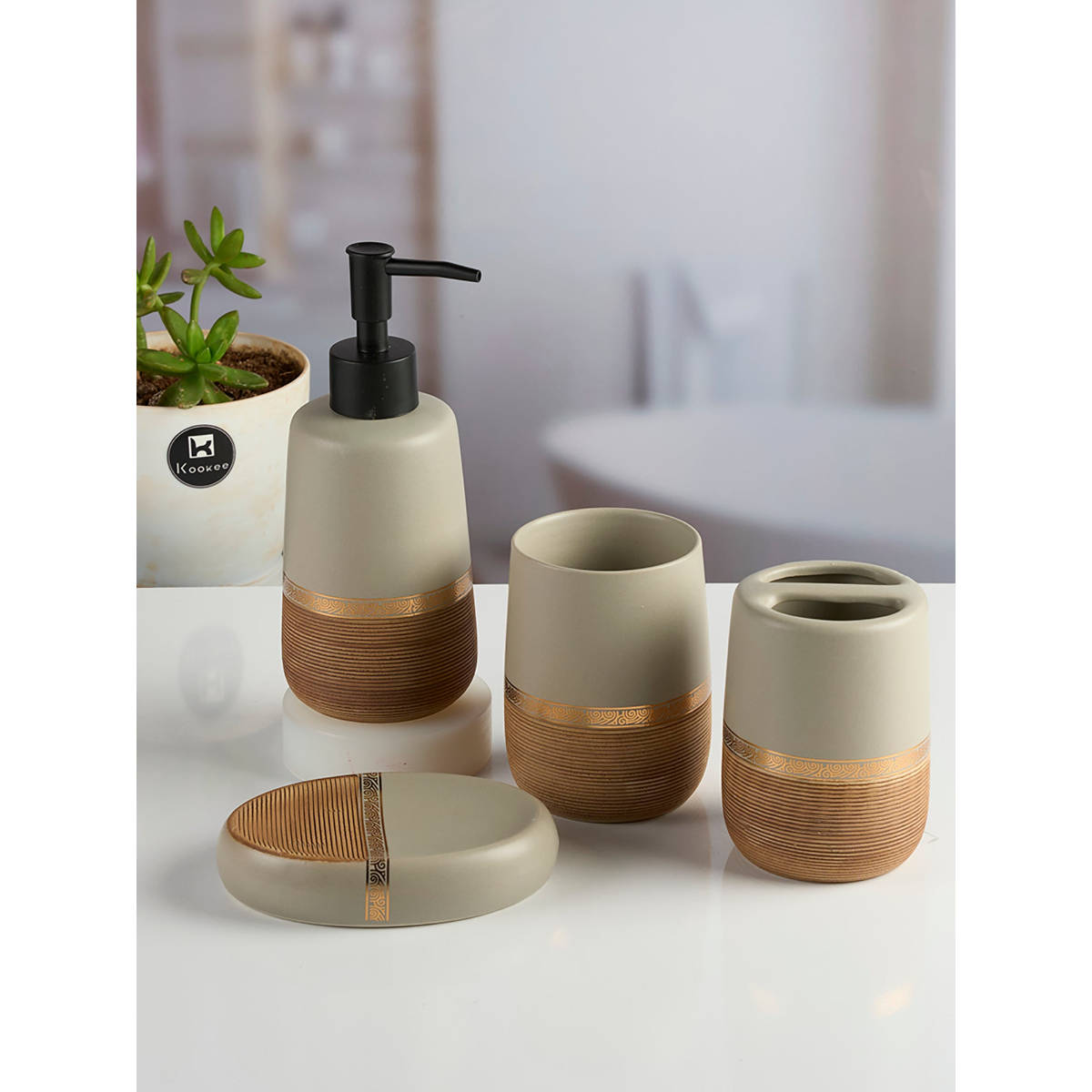 Kookee Grey Ceramic Bathroom Soap Dispenser & Dish with Toothbrush Holder & Tumbler