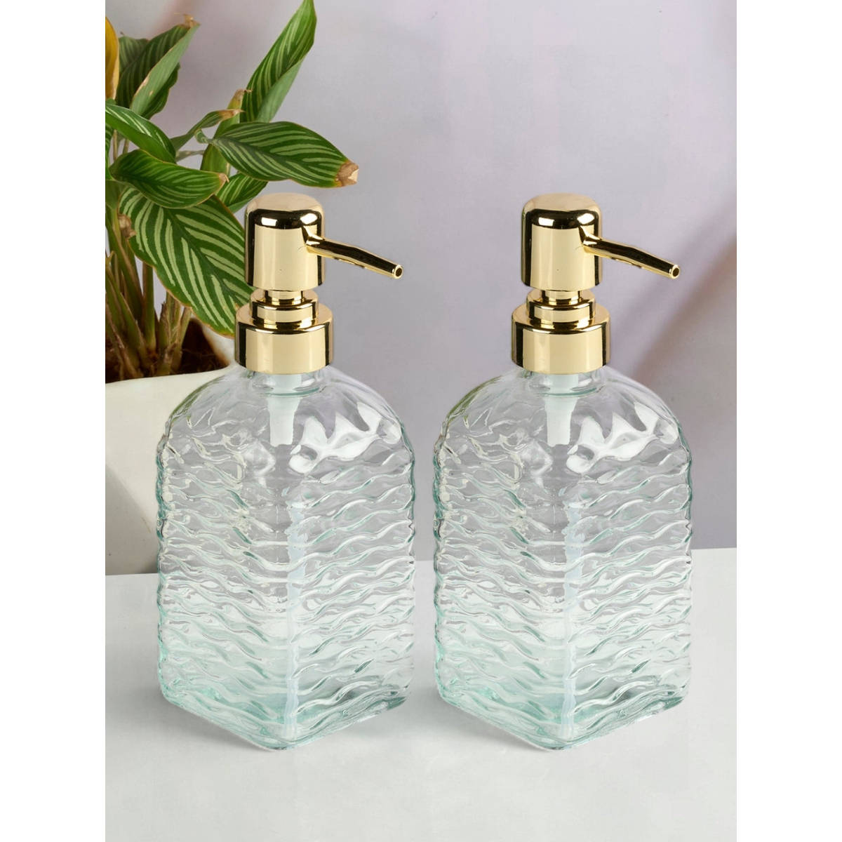 Kookee Transparent Glass Soap Dispenser Stylish Refillable Pump for Bathroom (Pack of 2)