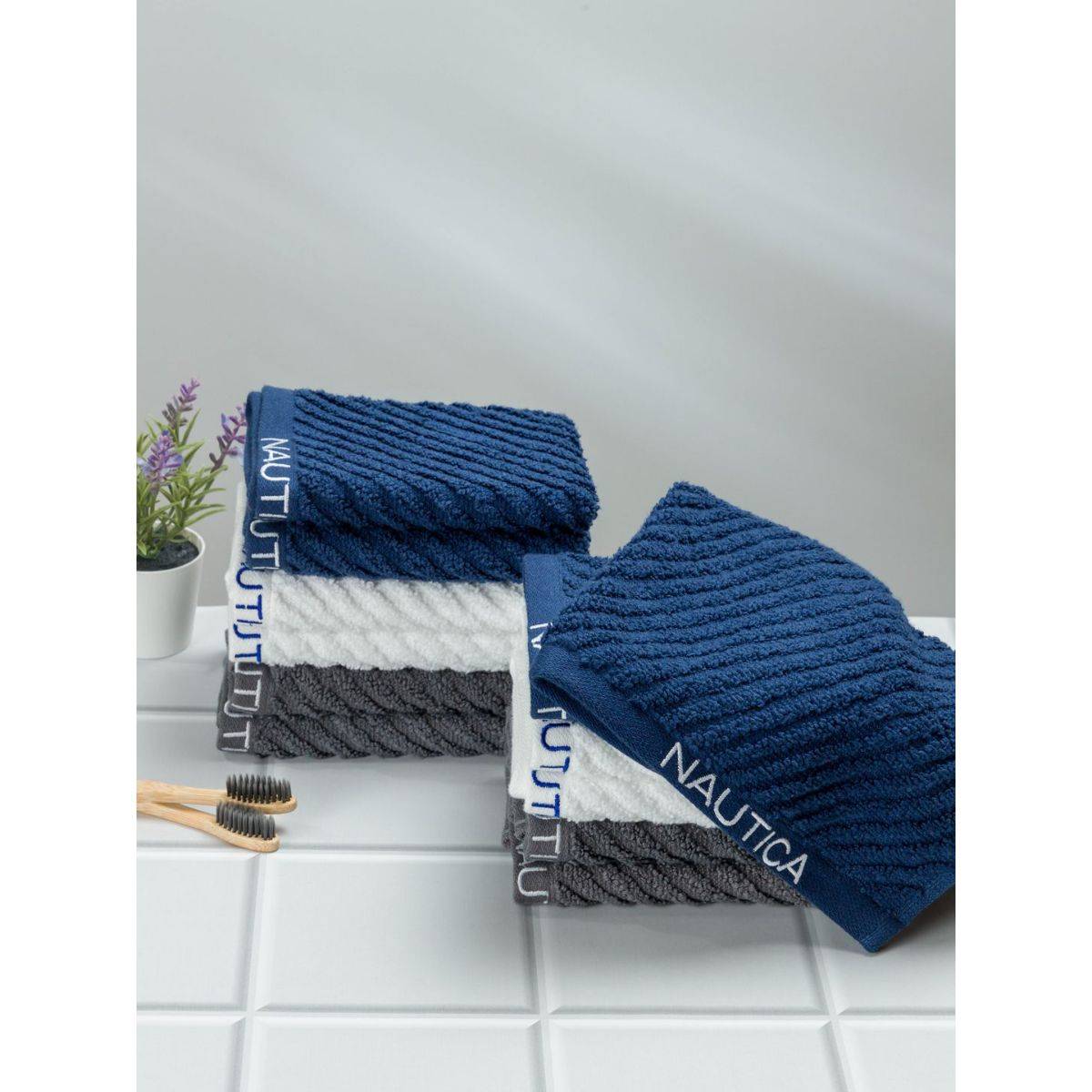 Nautica Twist Pure Cotton Towel, Set of 12 Face Towels Solid-Navy-White-Steel Grey