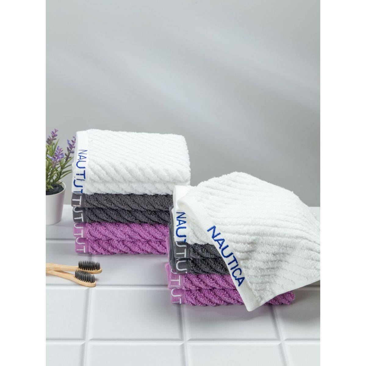 Nautica Twist Pure Cotton Towel, Set of 12 Face Towels Solid-White-Steel Grey-Lilac