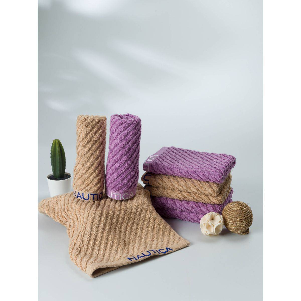 Nautica Fluffy Zero Twist Pure Cotton Towel, Set of 8 Face Towels Solid-Wheat-Lilac