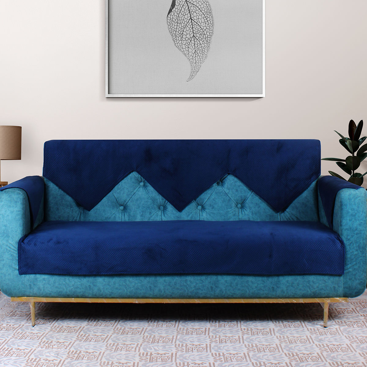 Buy STITCHNEST 3 Seater Quilted Velvet Sofa Cover Protector, Blue Online