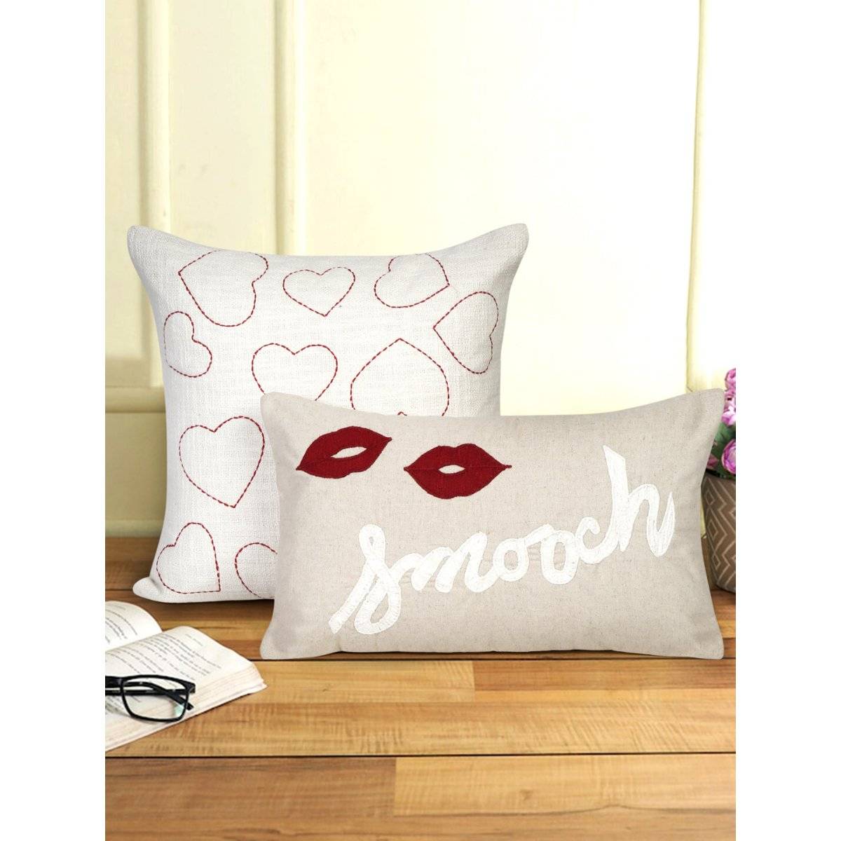 Eyda Cotton Heart and Kiss Embroidered Cushion Cover Set of 2 (Pack of 2) (18x18 Inches)
