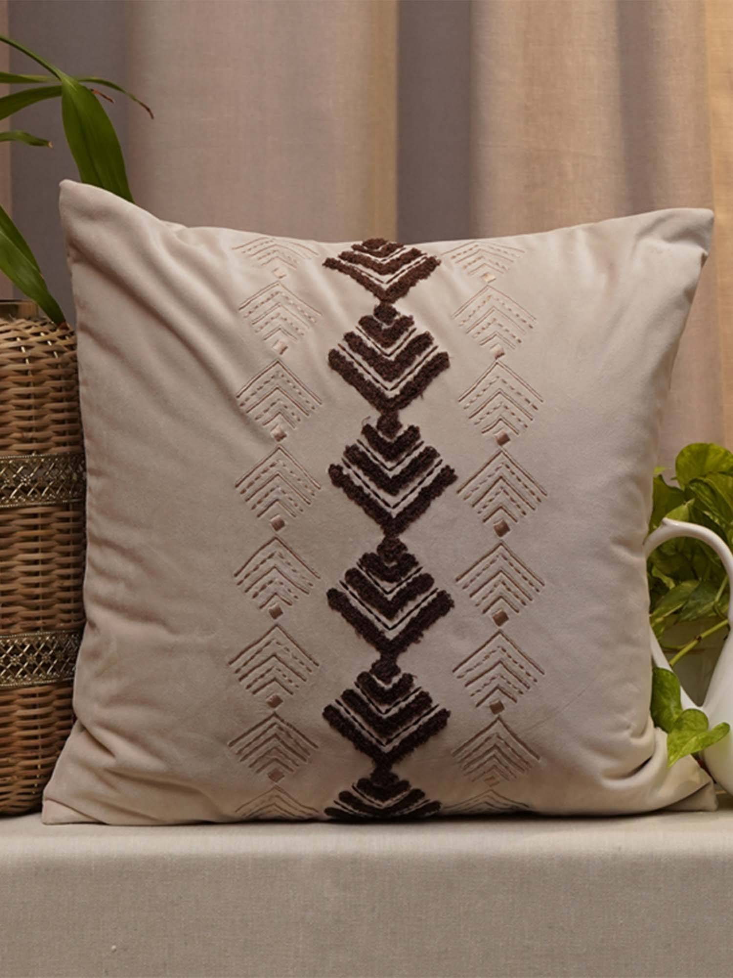 Zeba World Cream Chevron Embroidered Velvet Cushion Cover (16x16 Inches)