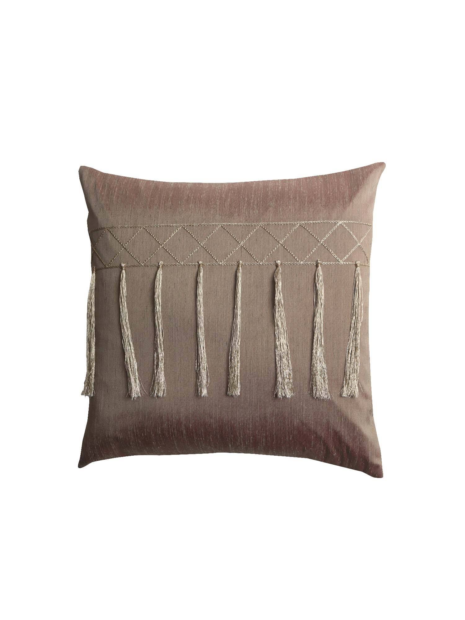 Zeba World Brown Tassels Cotton Blend Cushion Cover (16x16 Inches)