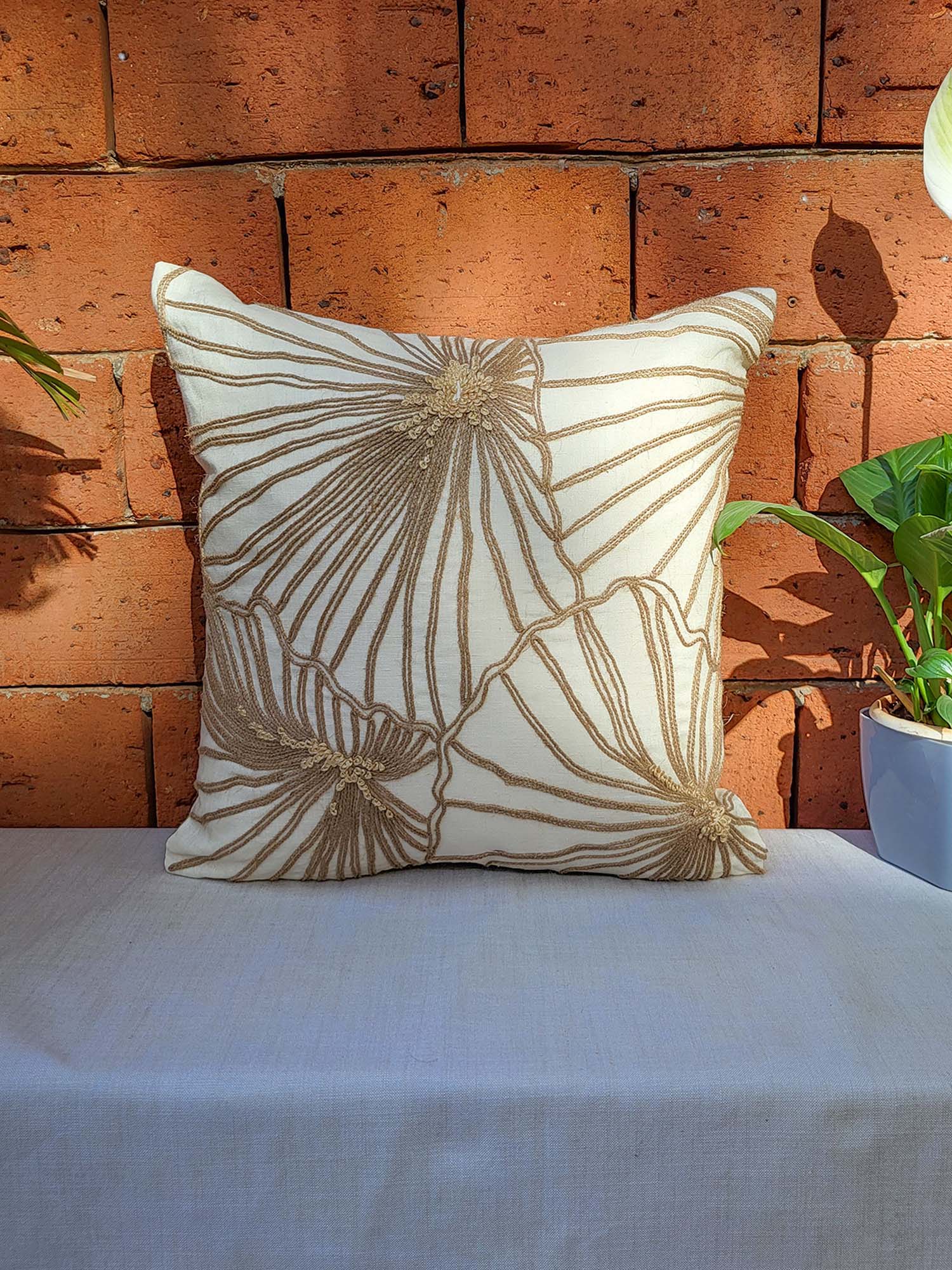 Zeba World Off White Hand Embroidered Cotton Blend Lux Collection Cushion Cover (16x16 Inches)