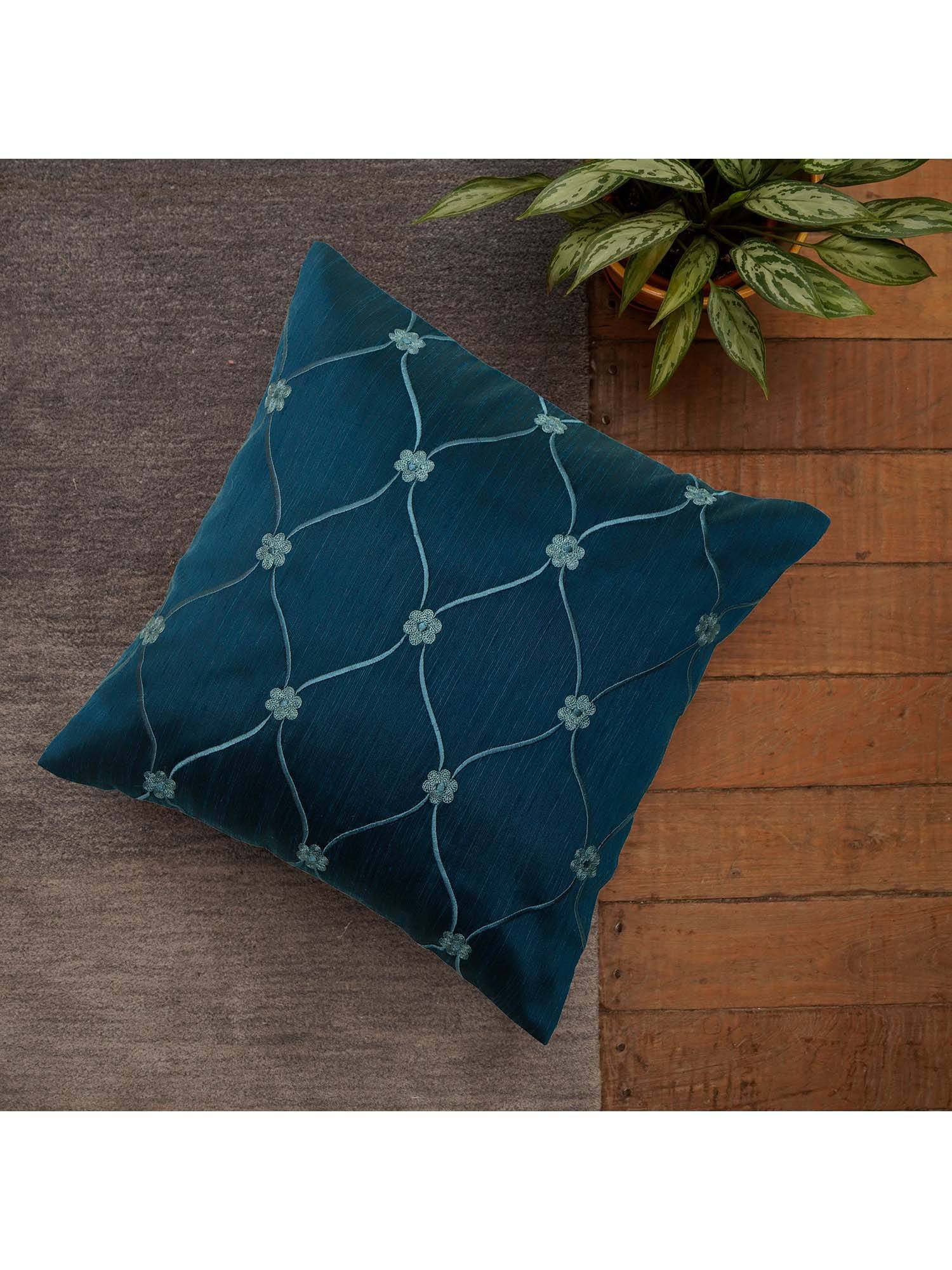 Zeba World Blue Floral Embroidered Polyester Cushion Cover (12x12 Inches)
