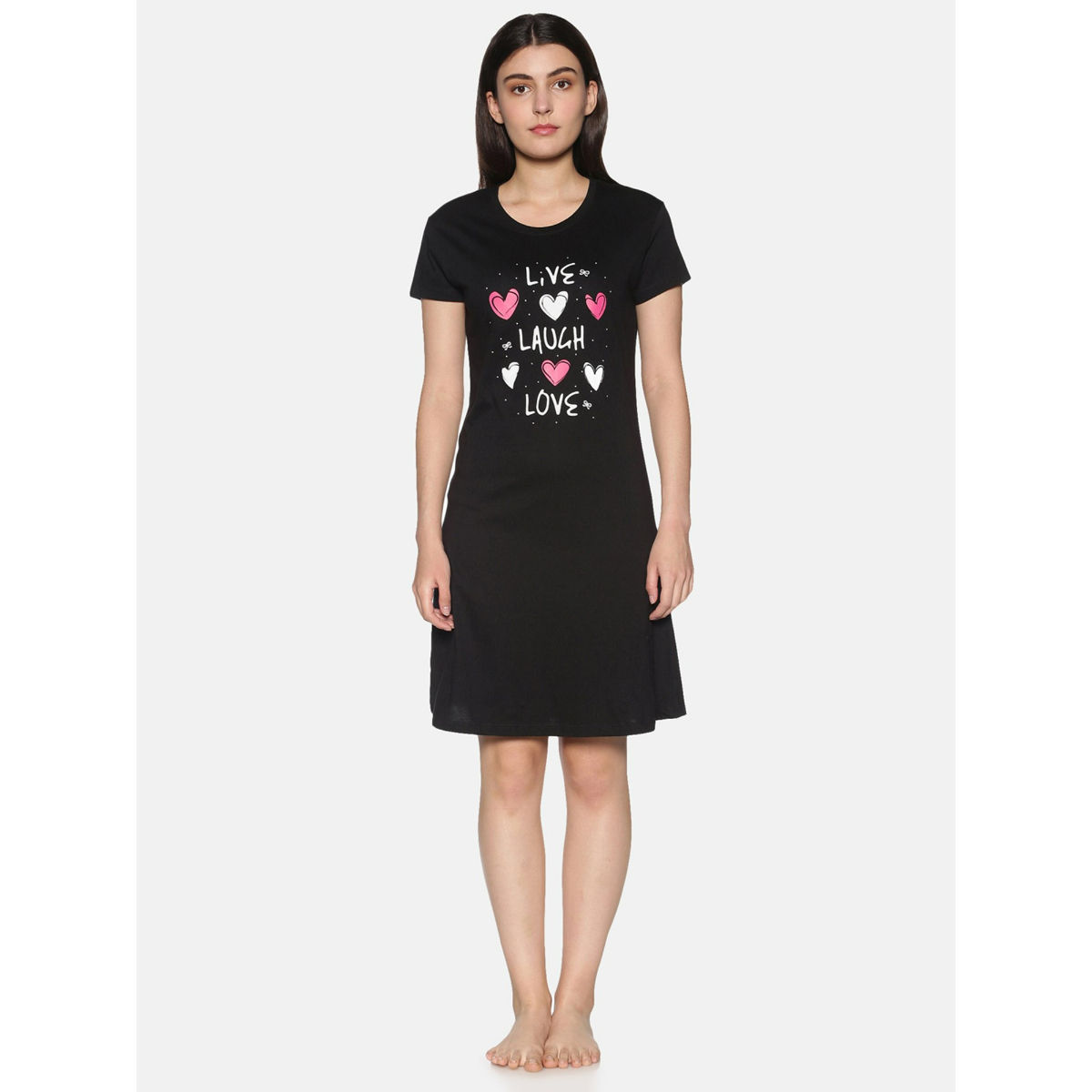 Buy Twin birds Cotton Knee Length Nightdress - Black White at Rs.599 online