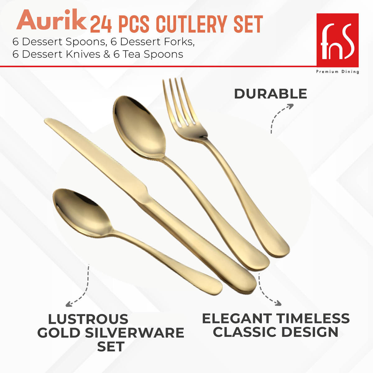 Fns Aurik Gold Plated Premium Stainless Steel 24 Pcs Cutlery Set With