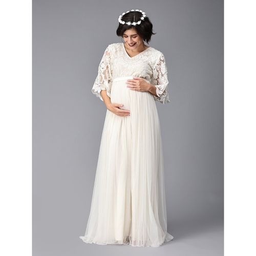 Buy The Mom Store Snow Me White Embroidered Maternity Photoshoot Gown with  Belt (Set of 2) Online