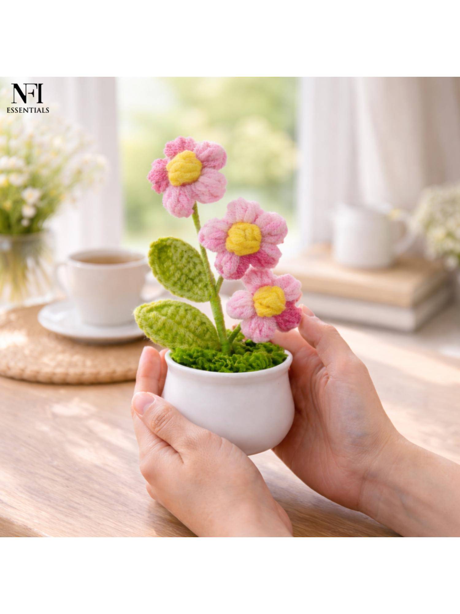 NFI Essentials Crochet Flowers Pot, Knitted Flower