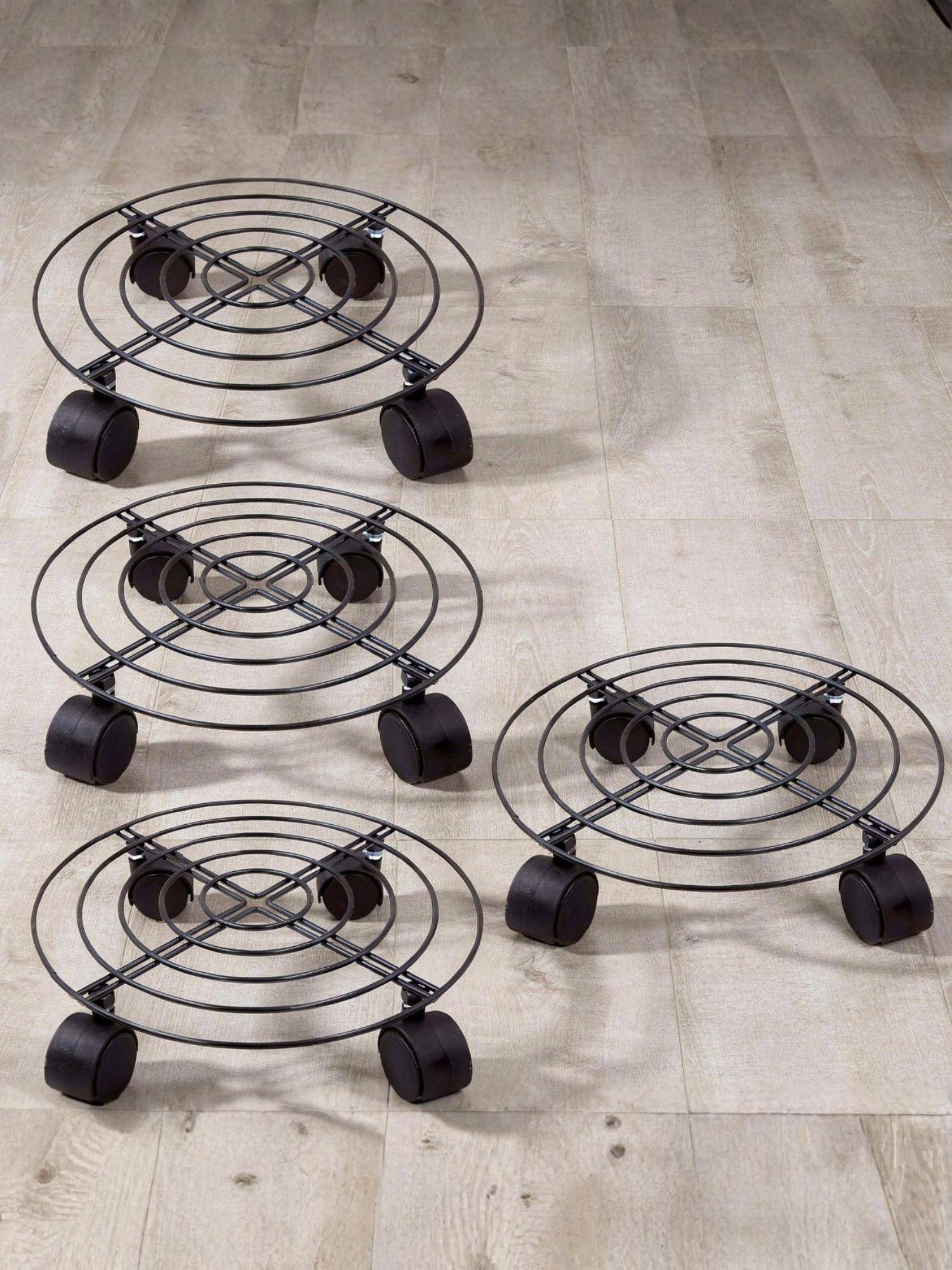 Ecofynd Ori Black Round Metal Plant Stand With Rolling Wheels (Pack of 4)