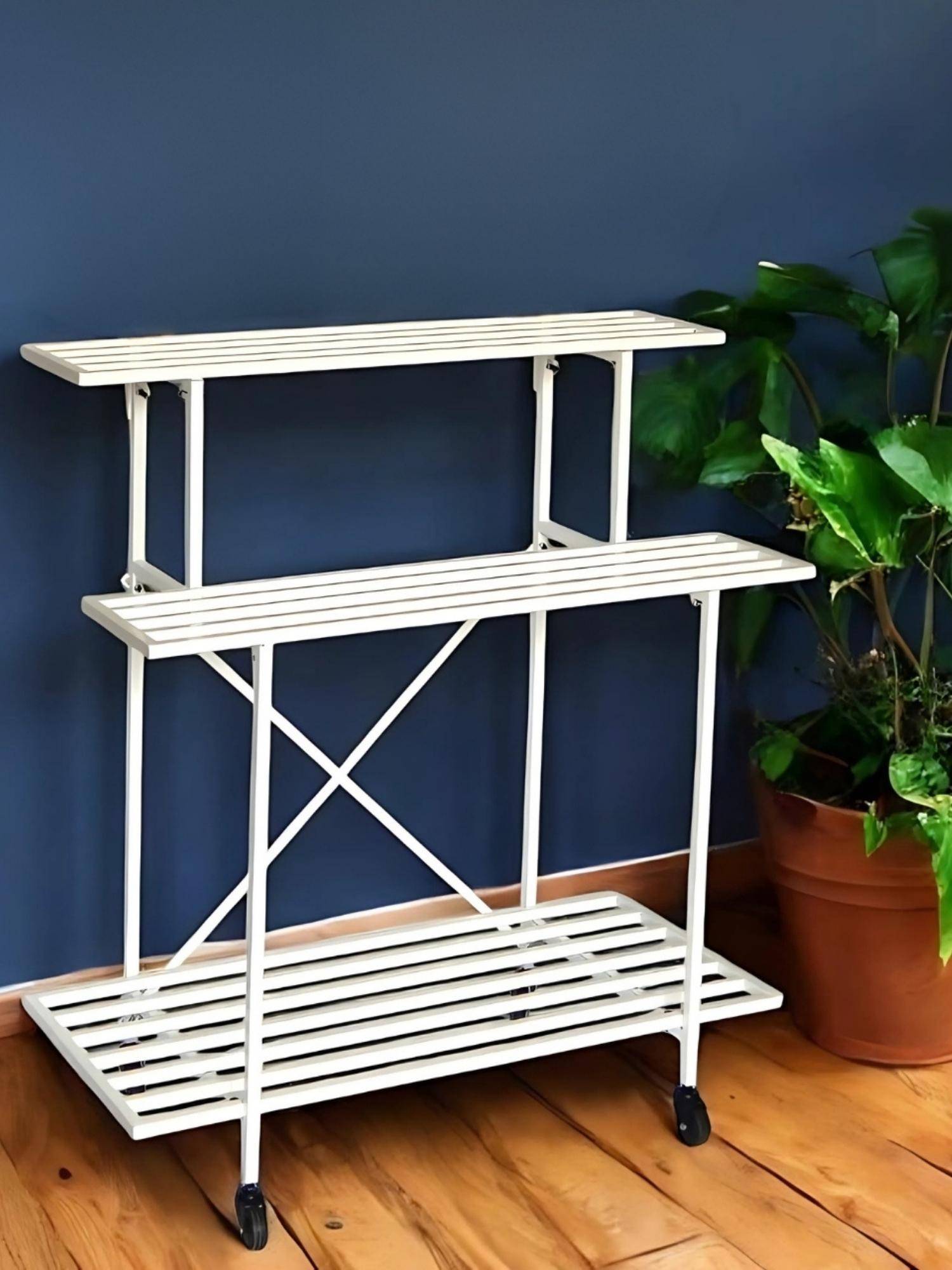 Ecofynd Zuri 3-Tier White Metal Plant Stand With Rolling Wheels