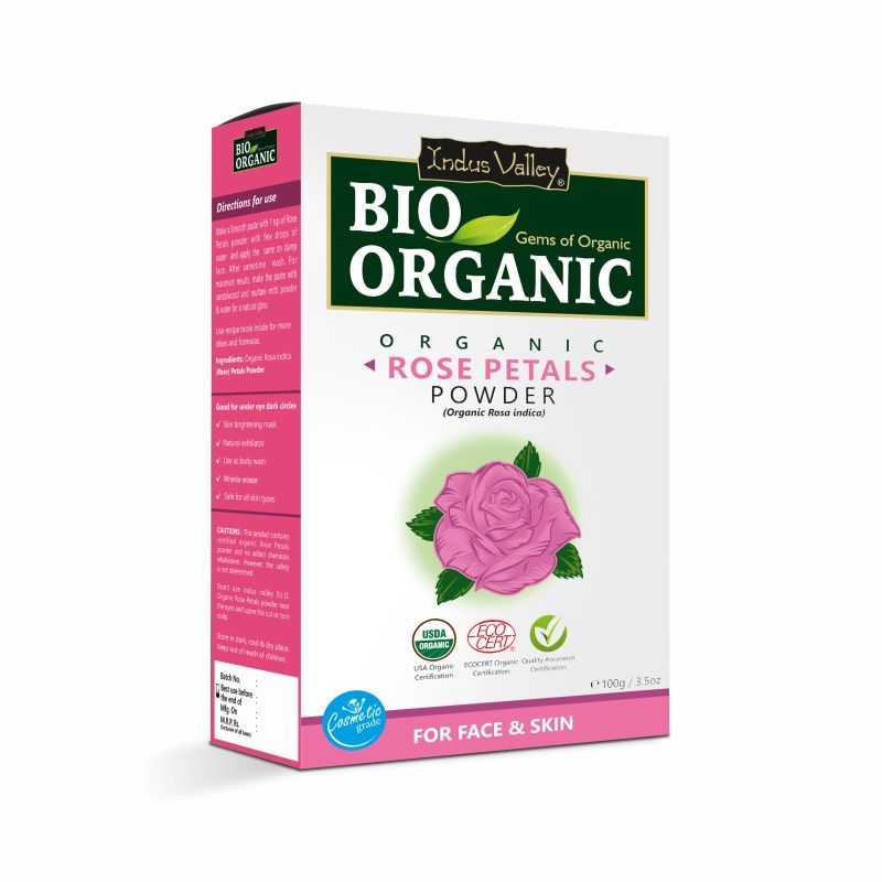 Indus Valley Bio Organic Rose Petals Powder for Skin Care with Vitamin A & C for Glow & Brightness