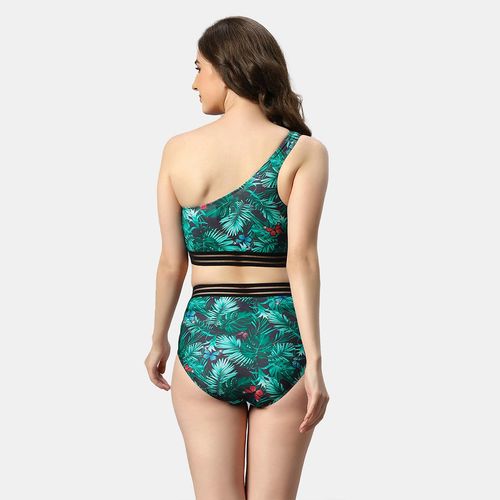 SOIE Aqua Swimwear One-shoulder Tropical Print Bikini Swimsuit (M)