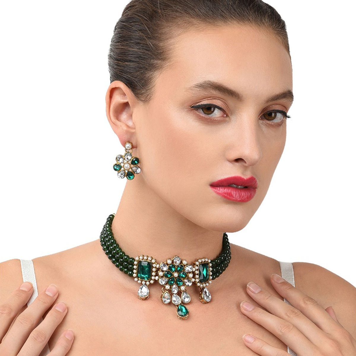 Zaveri Pearls Multistrand Green Beads And Stones Traditional Choker Necklace And Earring Set 