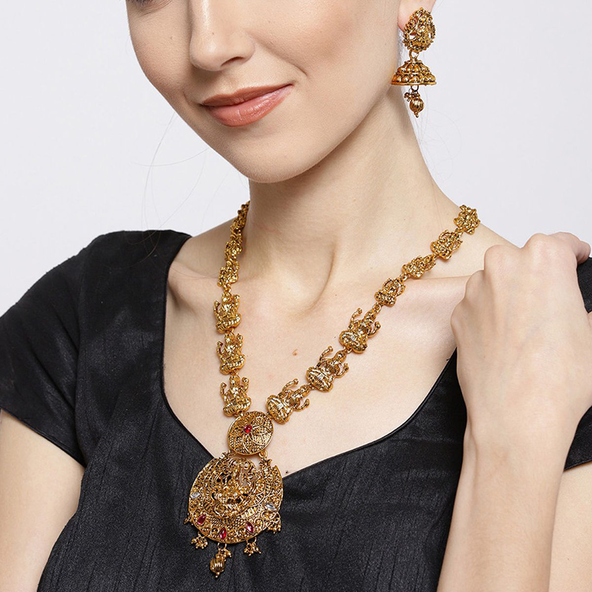 Buy Zaveri Pearls Antique Gold Tone Goddess Temple Necklace And Earring