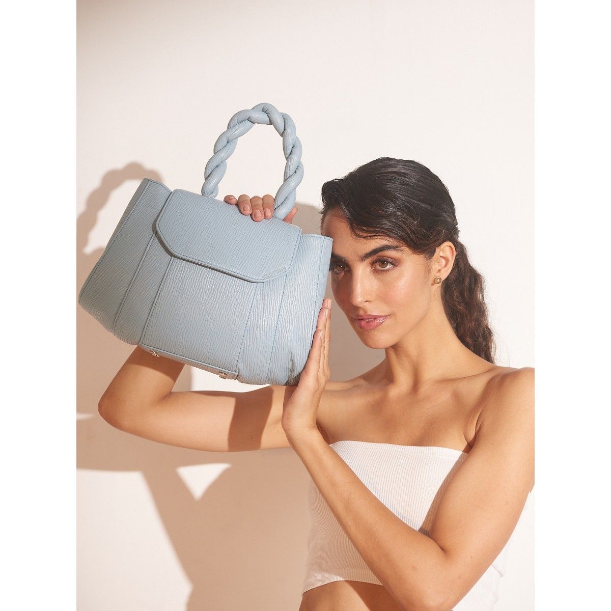 Clotche Powder Blue Twisted Handle Handbag for Womens (M) Buy Clotche