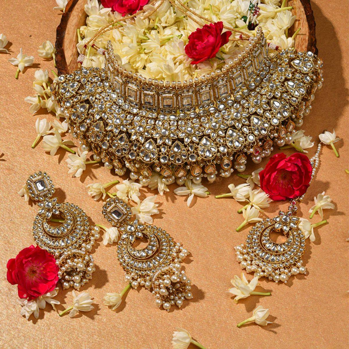 SOHI Gold Plated Designer Stone Beaded Necklace Earrings and Maang Tikka Set
