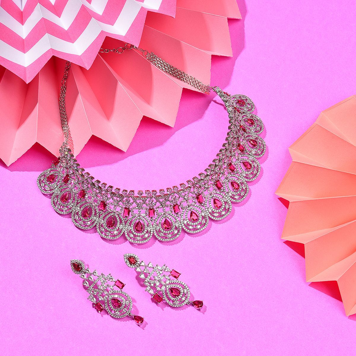 Deepshikha Light pink Silver plated Cubic zirconia Diamond Necklace se |  Gemzlane