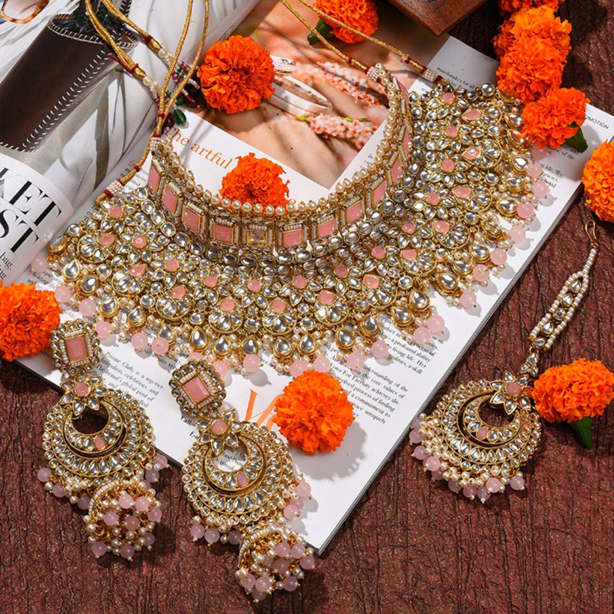SOHI Gold Plated Designer Stone Beaded Necklace Earrings and Maang Tikka Set