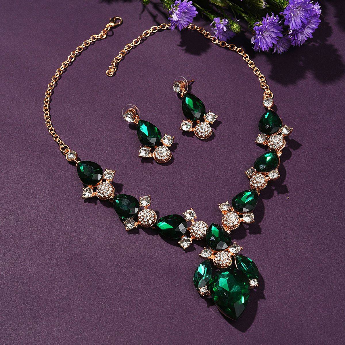 SOHI Green Gold Plated Designer Stone Necklace and Earring Set