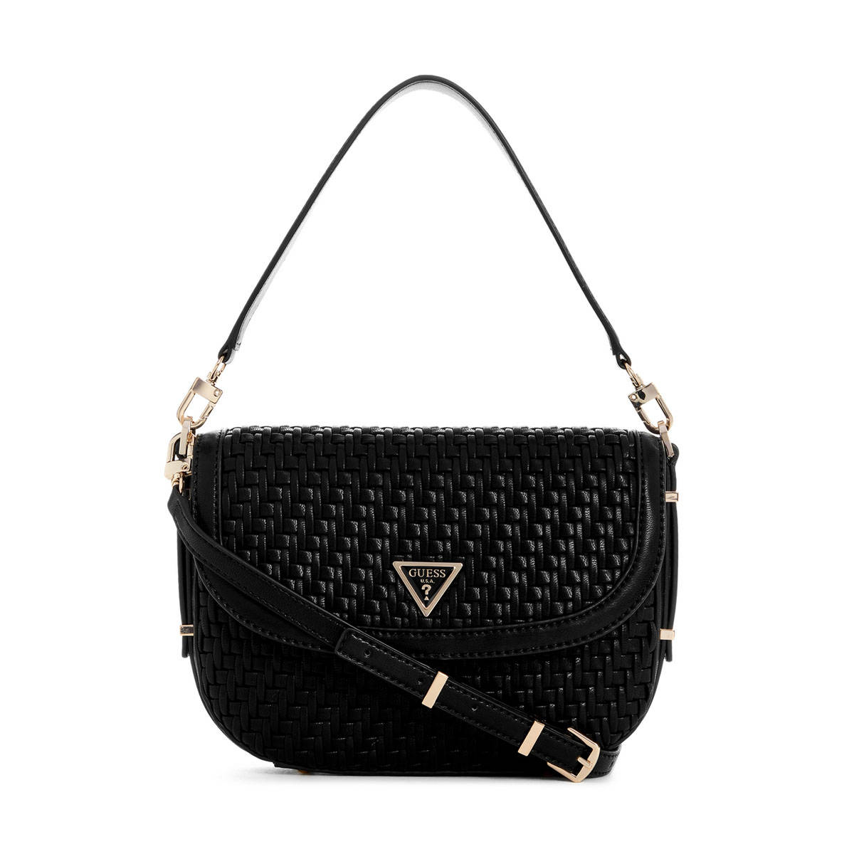 Guess Black Textured Murielle Flap Handbag with Detachable Strap