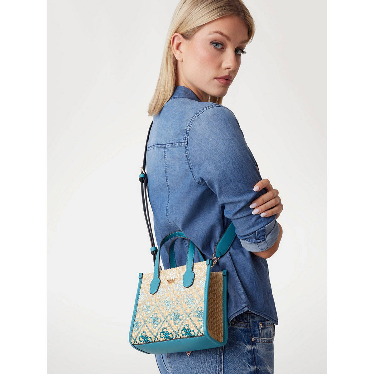 Guess Teal Logo Self-Design Silvana Sling Bag with Detachable Strap