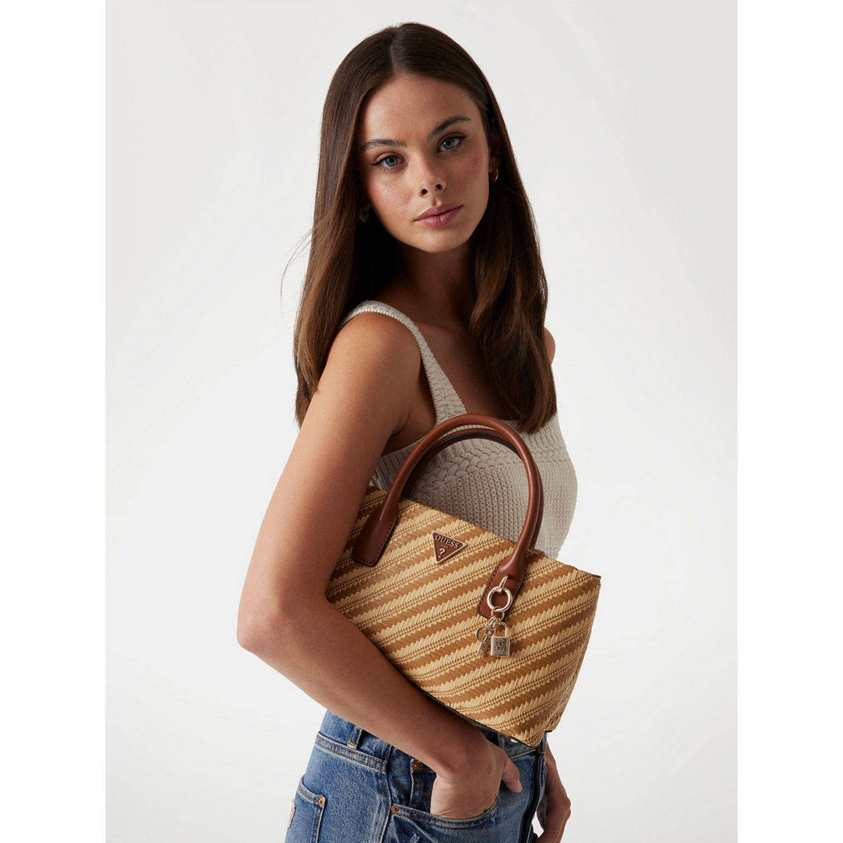 Guess Natural Self-Design Simona Satchel Bag with Detachable Strap