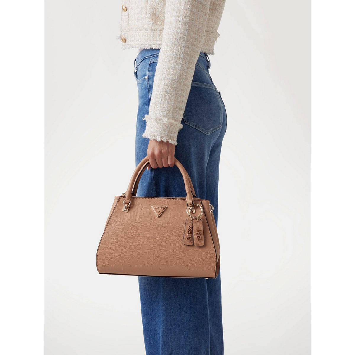 Guess Beige Solid Noelle Luxury Satchel Bag