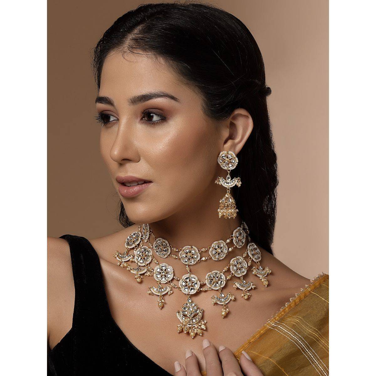 PANASH Gold-Plated Kundan-Studded & Pearl Beaded Jewellery Set