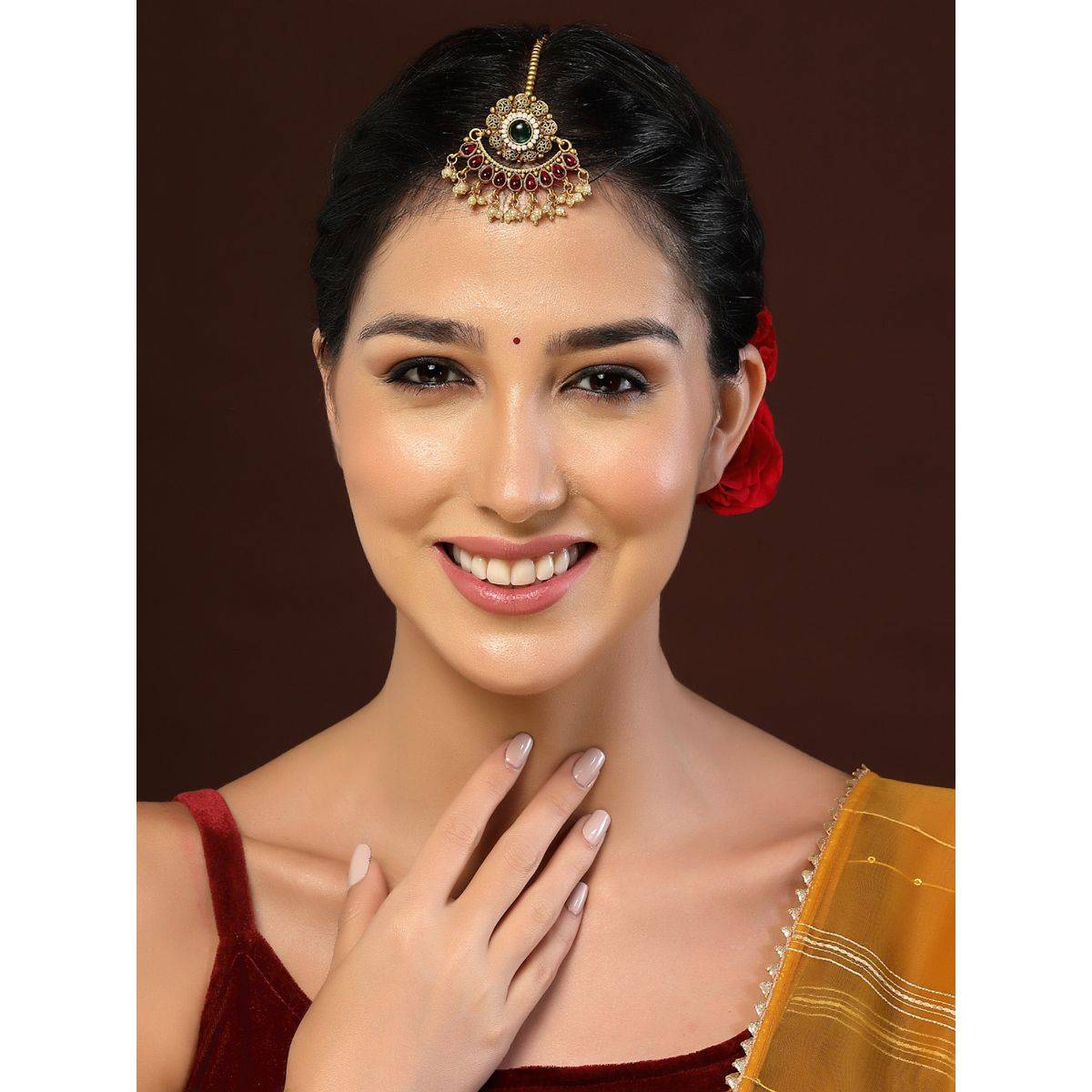 PANASH Gold-Plated Handcrafted Stone-Studded & Pearl-Beaded Maang Tikka