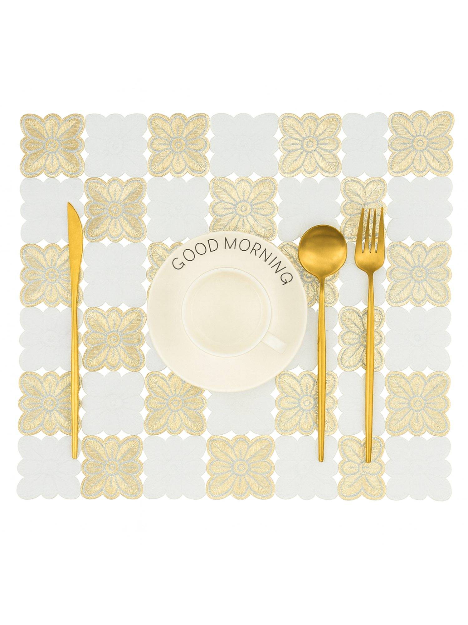 VIVALUXORA Checks Flowers Gold Table Placemats (Pack of 6)